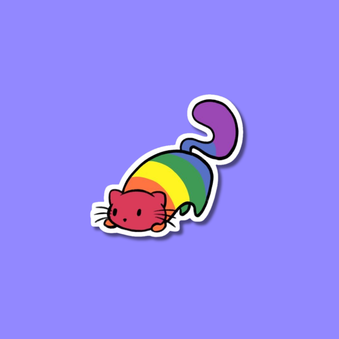 Colourful and vibrant gay pride sticker featuring inclusive symbols and LGBTQ+ pride colours : purr-fectly prideful kitty 