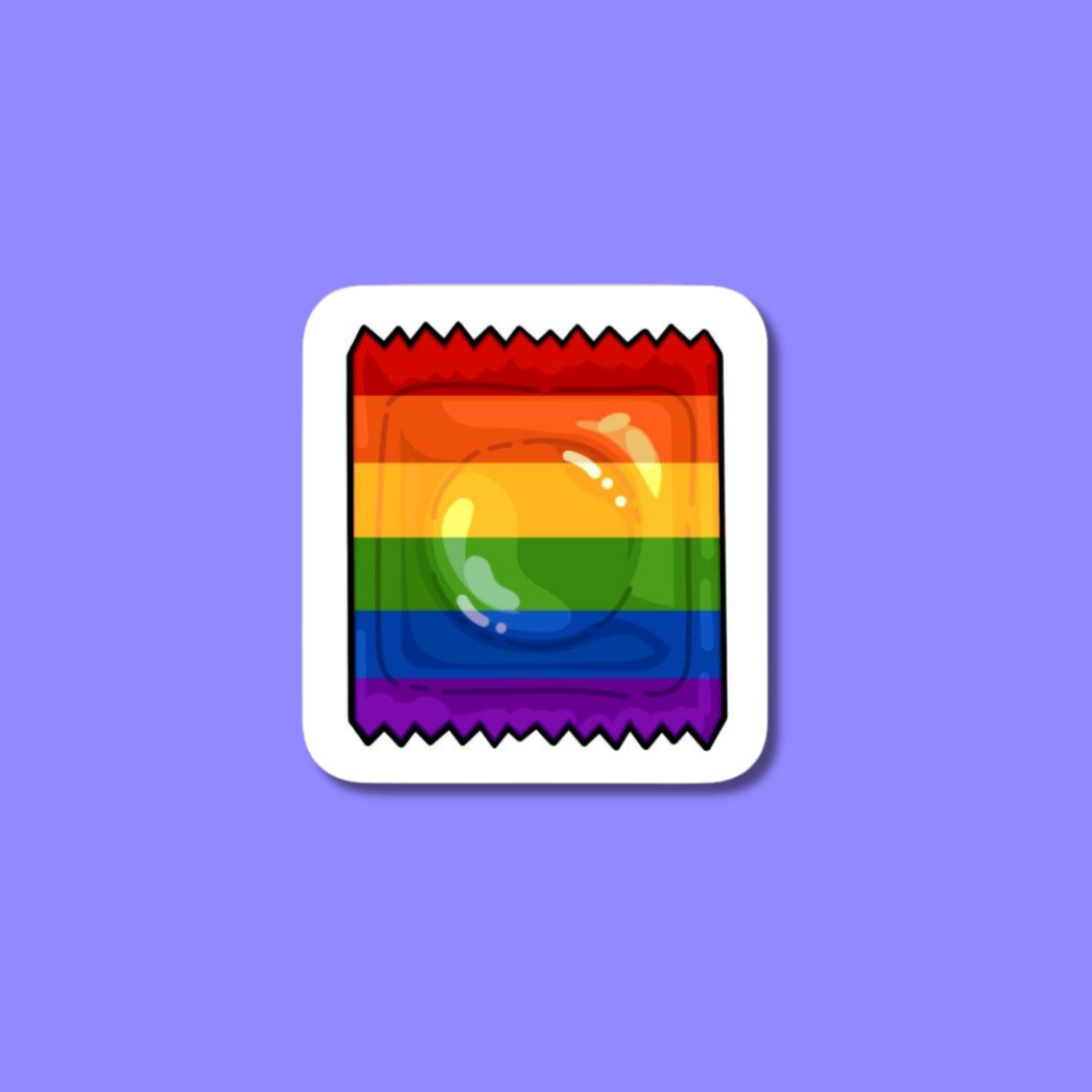 Colourful and vibrant gay pride sticker featuring inclusive symbols and LGBTQ+ pride colours : safe love, bold choices 