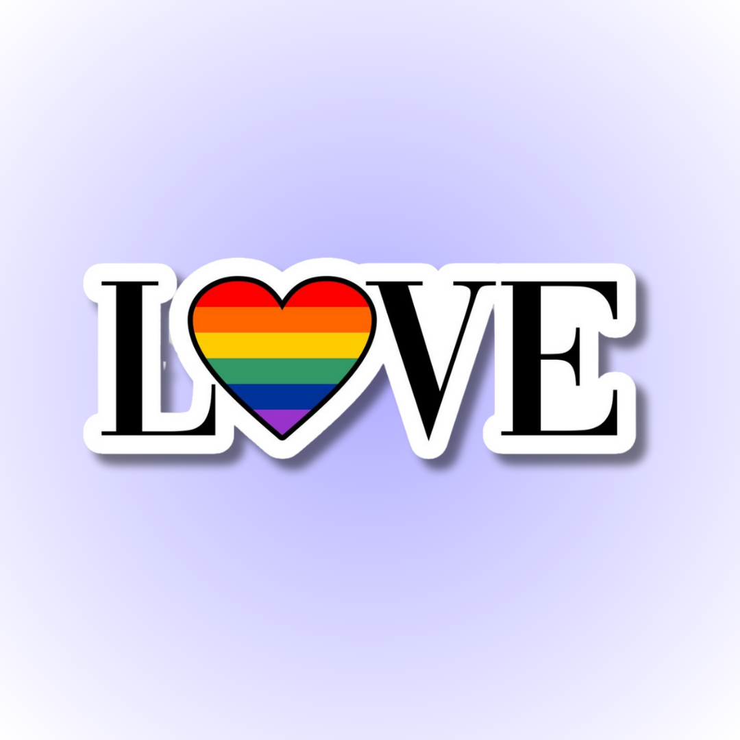 Colourful and vibrant gay pride sticker featuring inclusive symbols and LGBTQ+ pride colours : love 