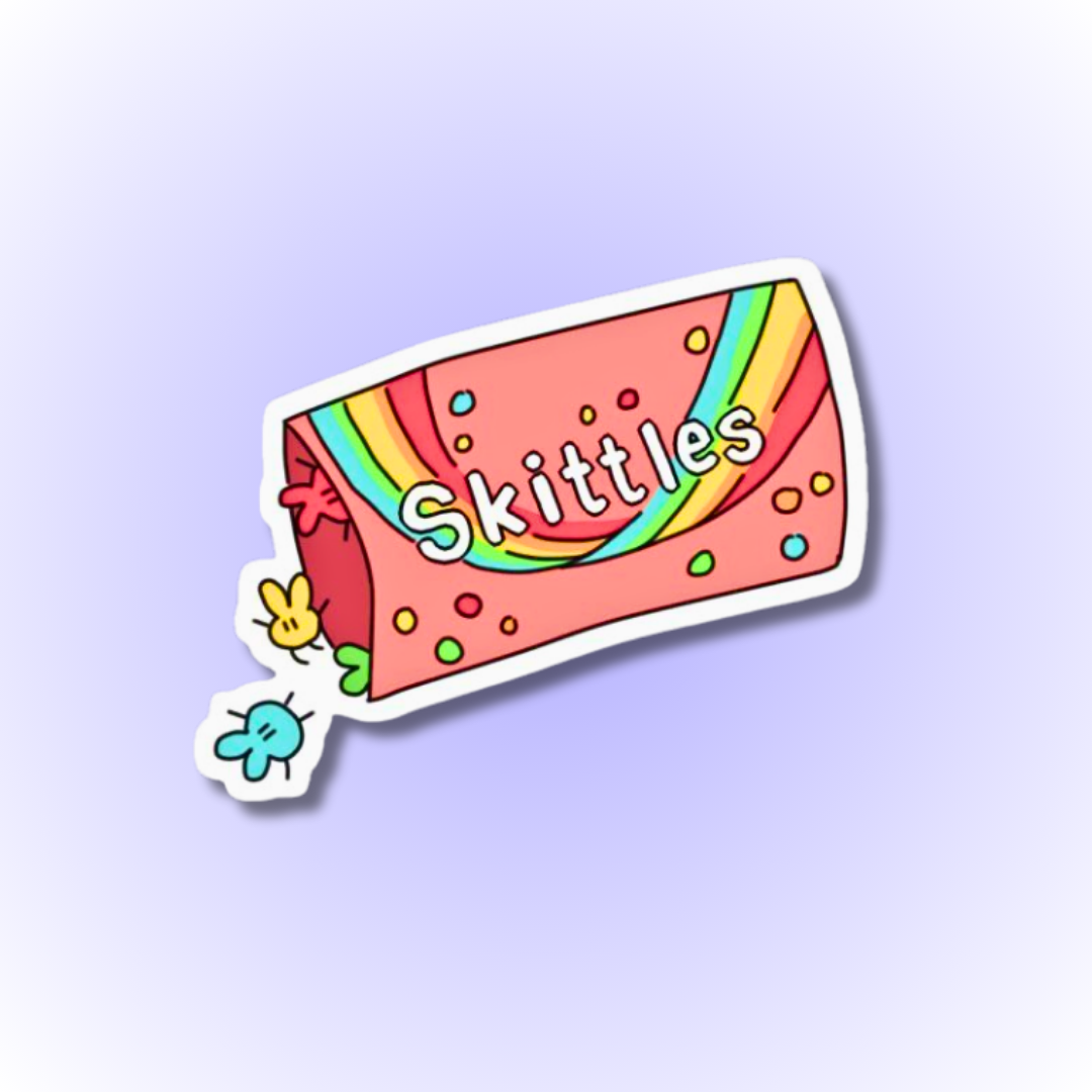 Colourful and vibrant gay pride sticker featuring inclusive symbols and LGBTQ+ pride colours : skittles 