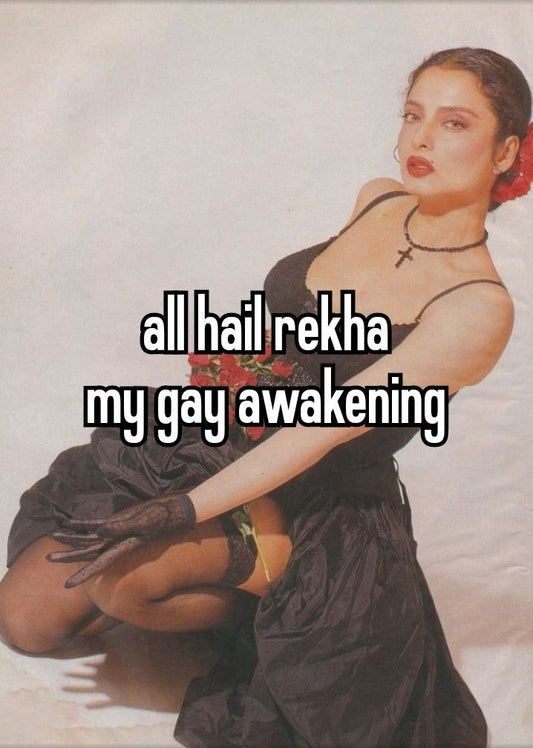 A stylish and intriguing sticker, perfect for adding a touch of mystery and allure to your message and conversations- my gay awakening. Featuring Rekha 