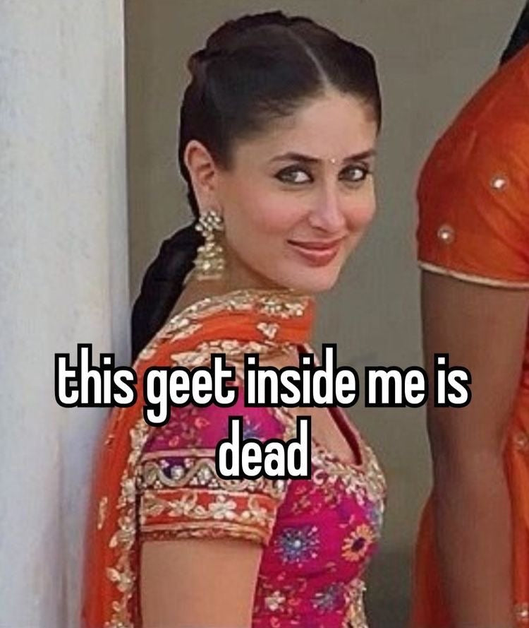 A witty Bollywood inspired sticker with humorous wordplay and references, perfect for adding playful touch to your chats featuring Kareena Kapoor from Jab we met reference 