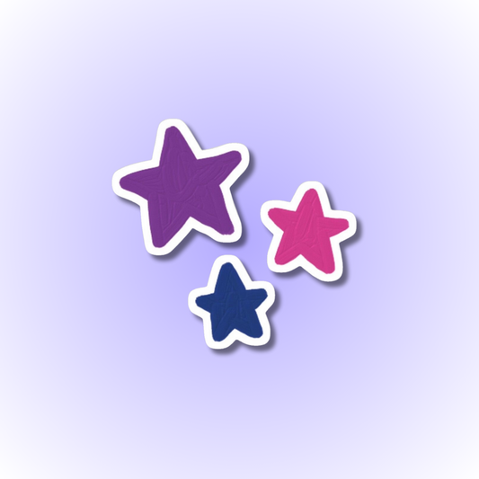 Vibrant bisexual pride sticker with  background of bisexual pride colours including pink, purple and blue. With among us reference : star design - inclusive heart 