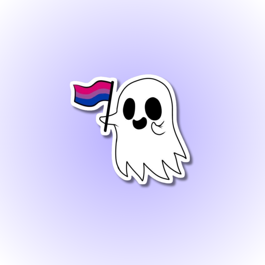 Vibrant bisexual pride sticker with  background of bisexual pride colours including pink, purple and blue. With among us reference, ghost holding bisexual pride flag: spectrum of love 