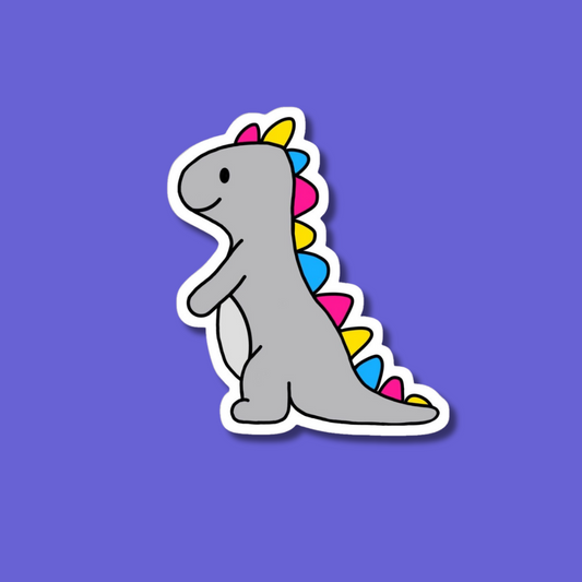 Pansexual pride sticker with a design incorporating the pansexual flag colours, promoting inclusivity and celebration of pansexuality: pan-o-saurs