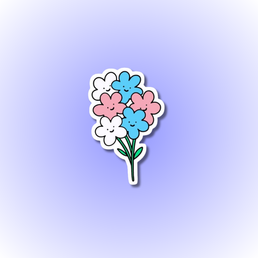 A vibrant transgender pride sticker featuring the colours of the transgender pride flag- light blue, light link and white, with a design symbolising inclusivity and empowerment- petals of pride